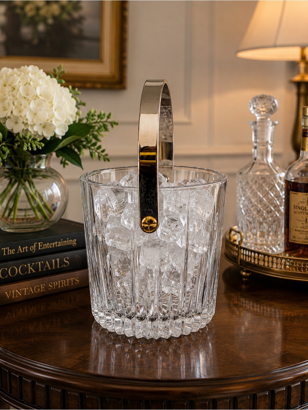 Mikasa Clear Ribbed Glass Ice Bucket with Gold Accent
